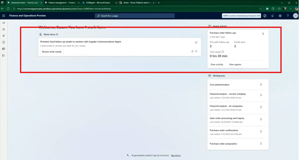 View of Agent activity and Work items in immersive home page
