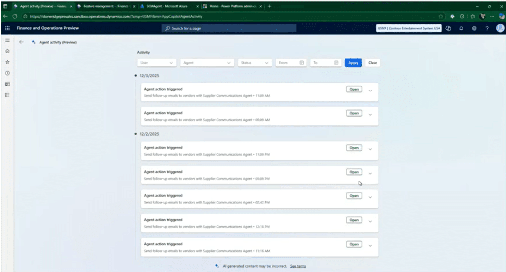 Agent activity section
