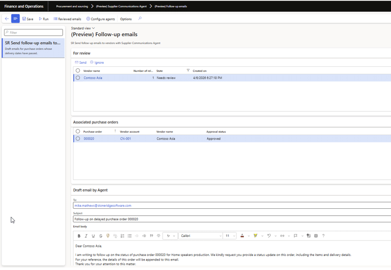 Draft of supplier communications email generated by agent