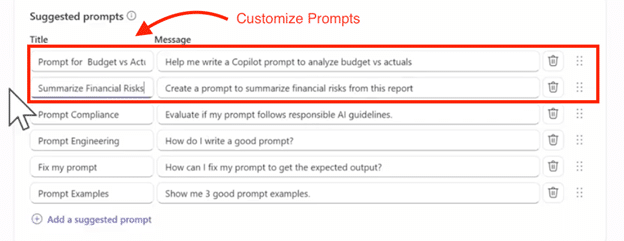 Example of suggested prompts added to AI agent to increase user adoptability