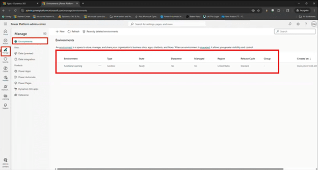 Screenshot of the environments page in Power Platform