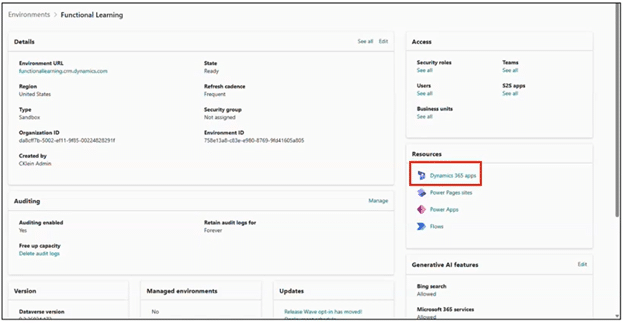 Screenshot of Dynamics 365 apps tab in Resources page of Power Platform