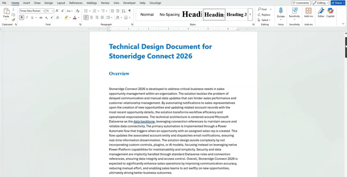Overview section in document created by the Solution Documenter tool