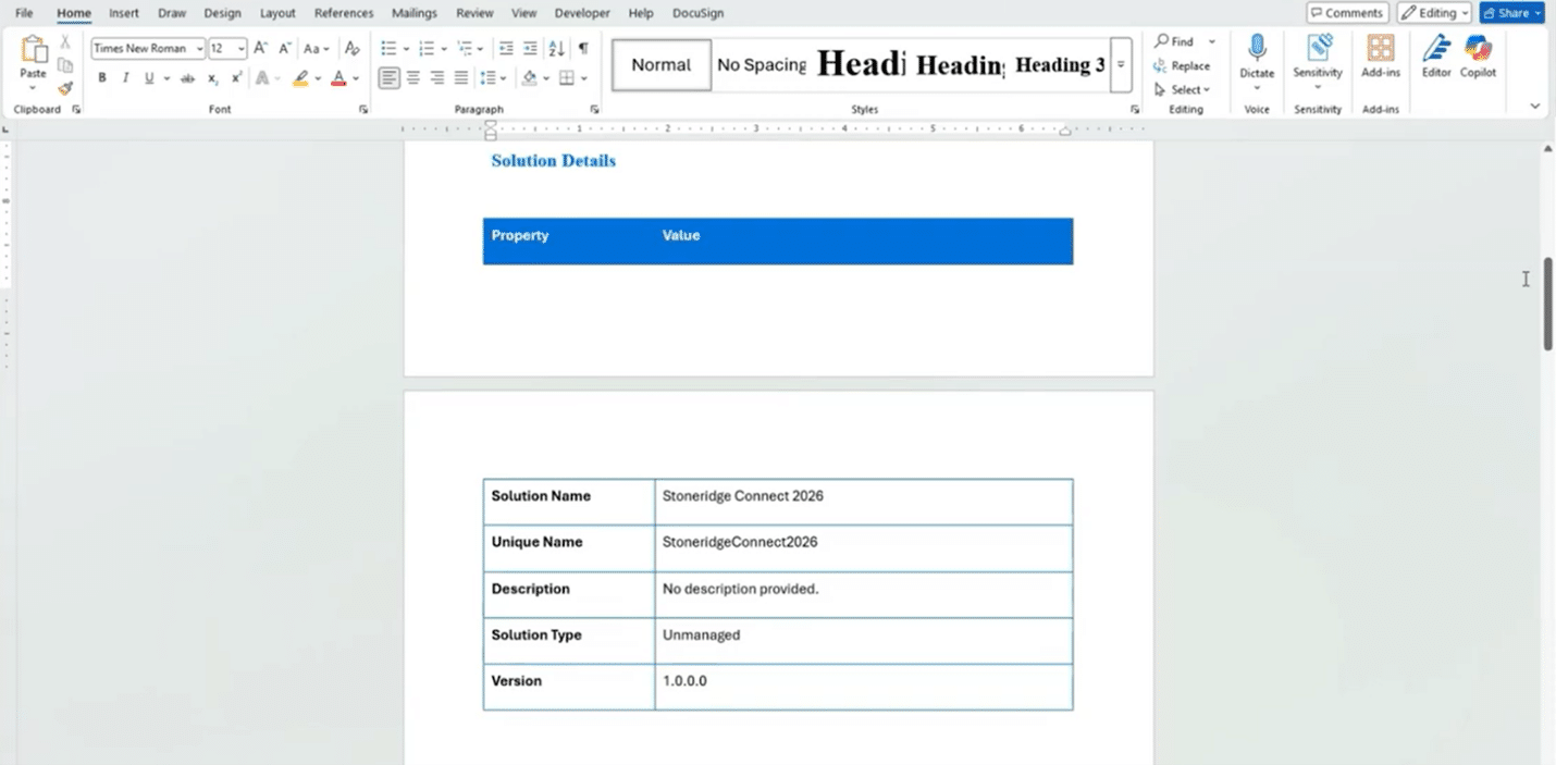 Details section in document created by the Solution Documenter tool