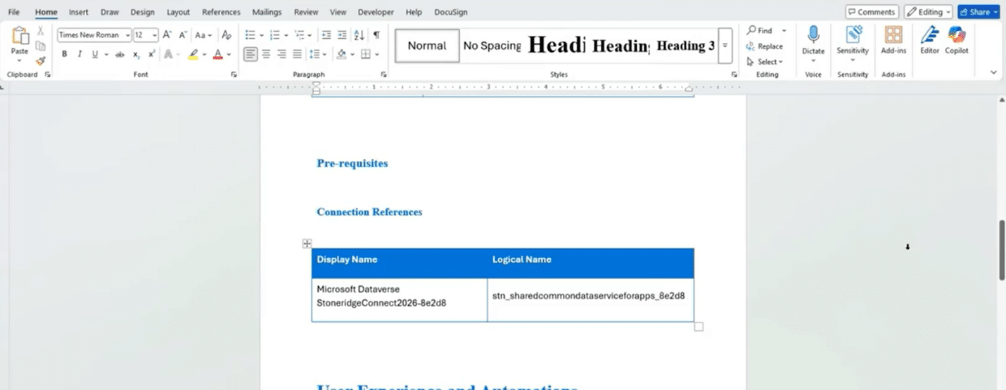 Dependencies and requirement section in document created by the Solution Documenter tool