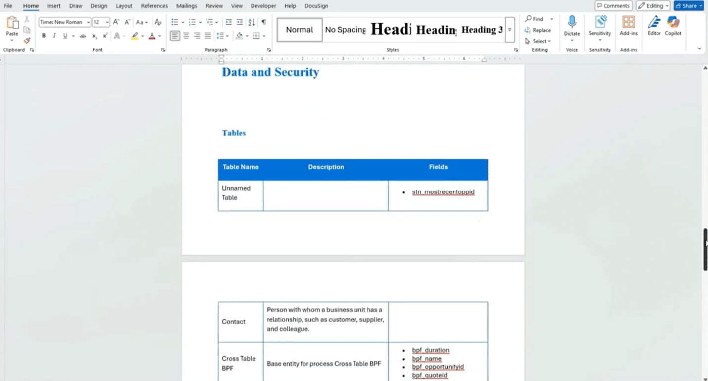 Data and Security section of document created by Solution Documenter tool