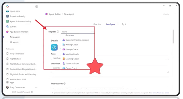Photo showing where to select template and start building agent in Agent Builder
