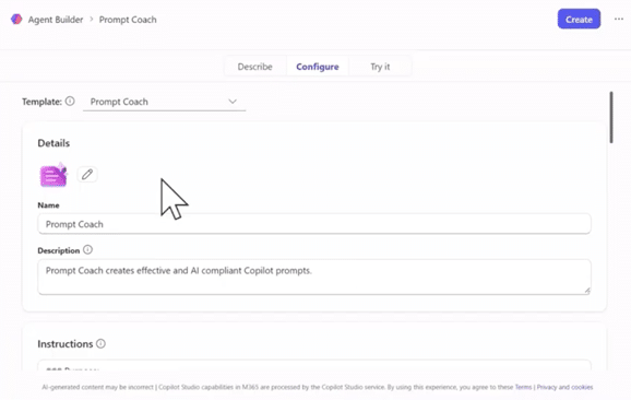Interface of prompt coach feature in Agent Builder